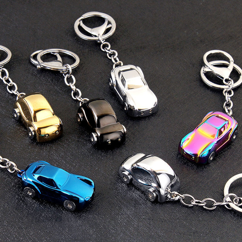 TYUI汽車鑰匙鏈 LED照明夜燈仿真小汽車模型鑰匙扣鏈掛件創意可愛定制男女生玩具z LED燈光跑車-炫彩色 禮盒裝